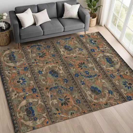 Chocolate And Brown Floral Washable Indoor Outdoor Area Rug Photo 6