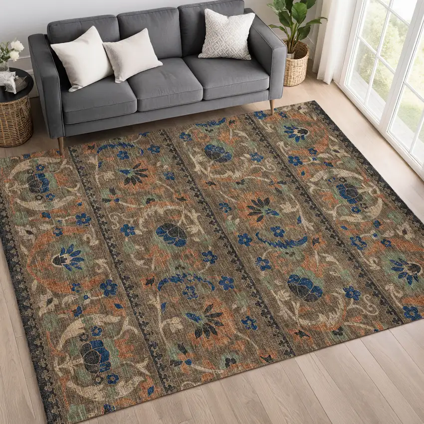 Chocolate And Brown Floral Washable Indoor Outdoor Area Rug Photo 6