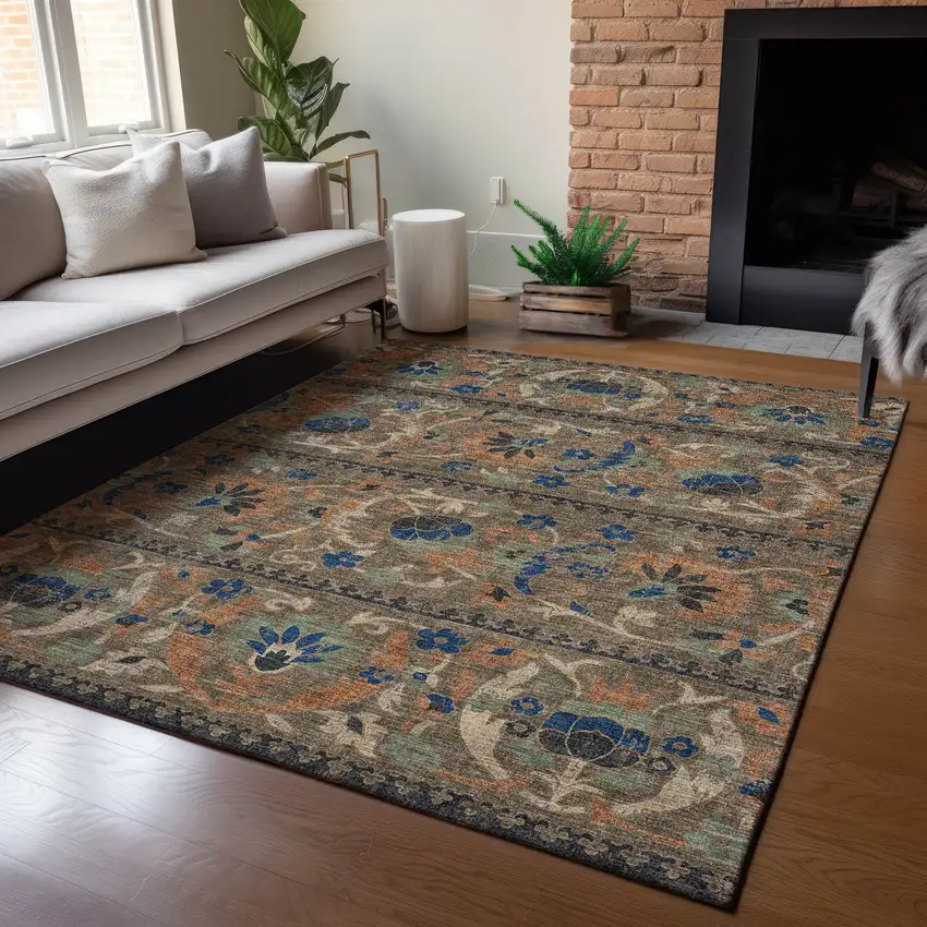 Chocolate And Brown Floral Washable Indoor Outdoor Area Rug Photo 5