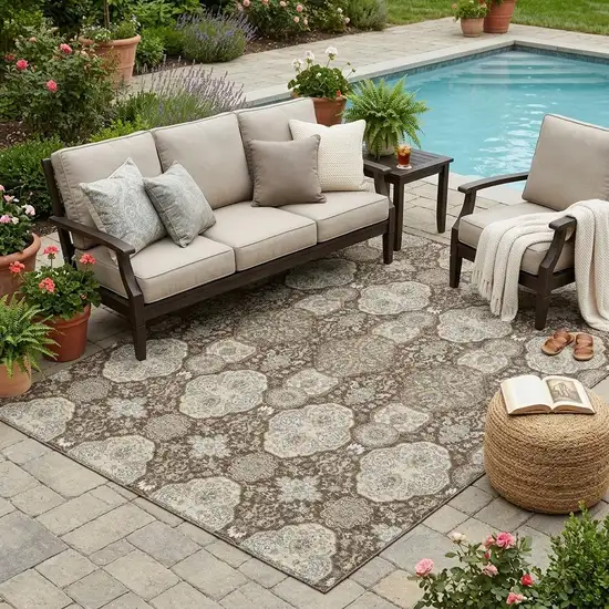 Chocolate And Brown Floral Washable Indoor Outdoor Area Rug Photo 1