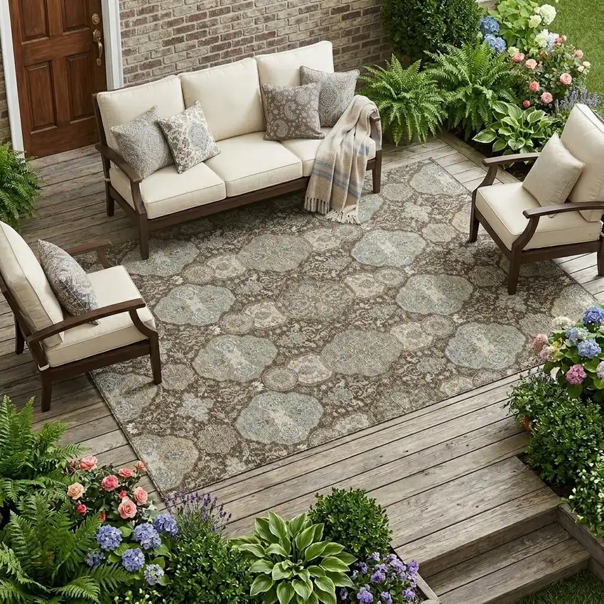 Chocolate And Brown Floral Washable Indoor Outdoor Area Rug Photo 1