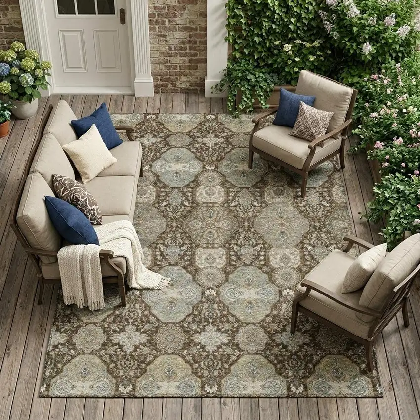 Chocolate And Brown Floral Washable Indoor Outdoor Area Rug Photo 1
