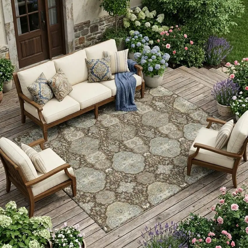 Chocolate And Brown Floral Washable Indoor Outdoor Area Rug Photo 1