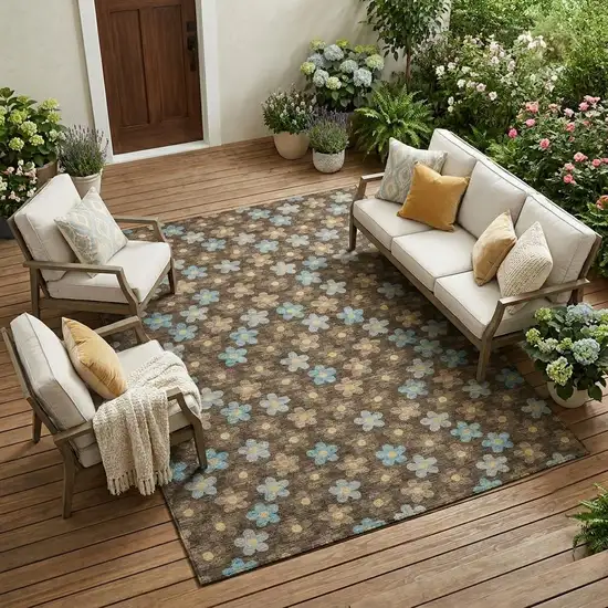 Chocolate And Brown Floral Washable Indoor Outdoor Area Rug Photo 1