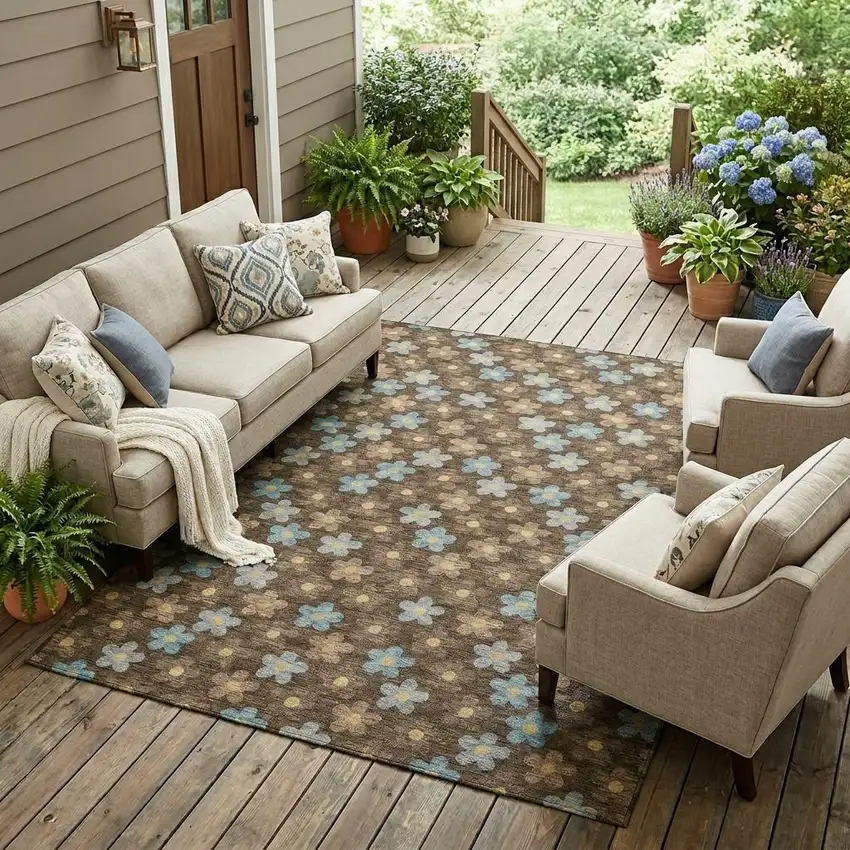 Chocolate And Brown Floral Washable Indoor Outdoor Area Rug Photo 1