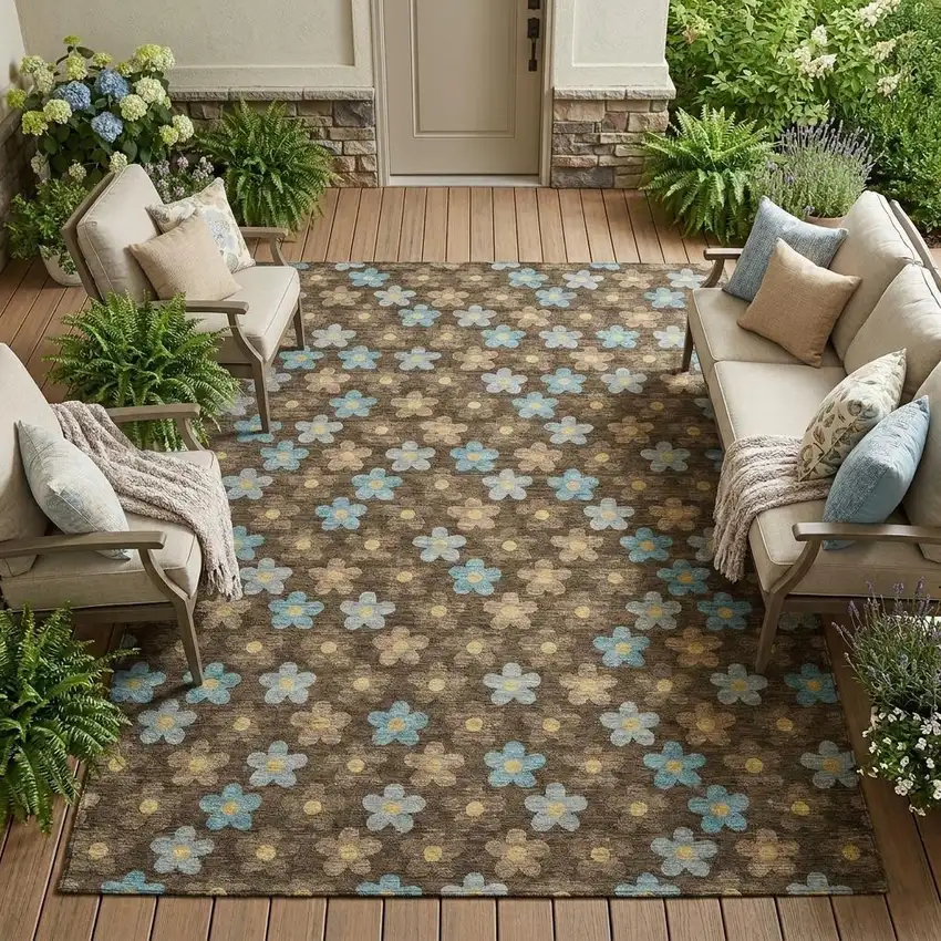 Chocolate And Brown Floral Washable Indoor Outdoor Area Rug Photo 1