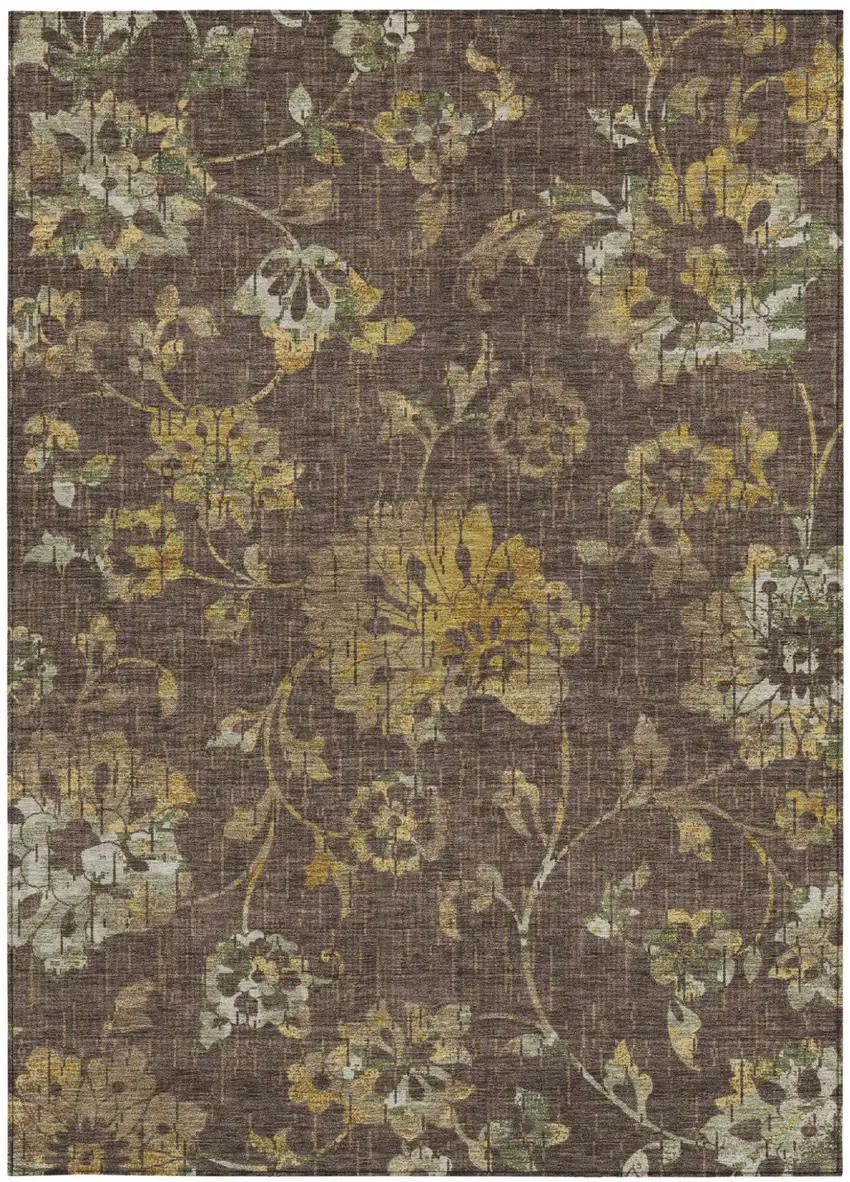 Chocolate And Brown Floral Washable Indoor Outdoor Area Rug Photo 3