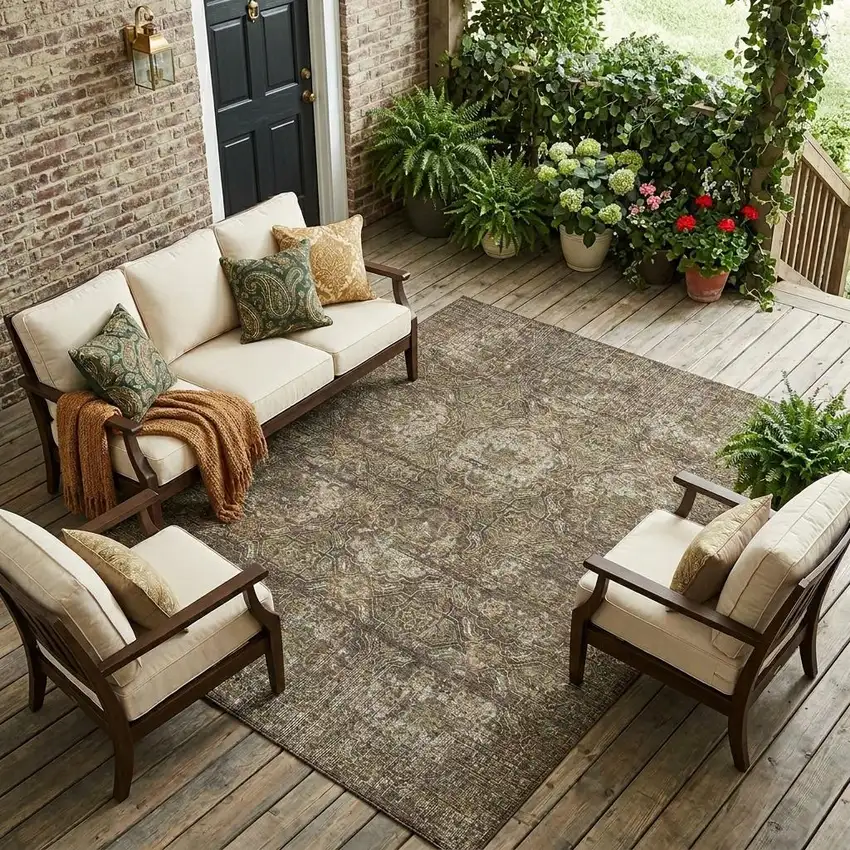 Chocolate And Brown Floral Washable Indoor Outdoor Area Rug Photo 1