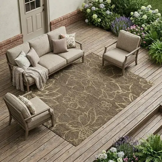 Chocolate And Brown Floral Washable Indoor Outdoor Area Rug Photo 1