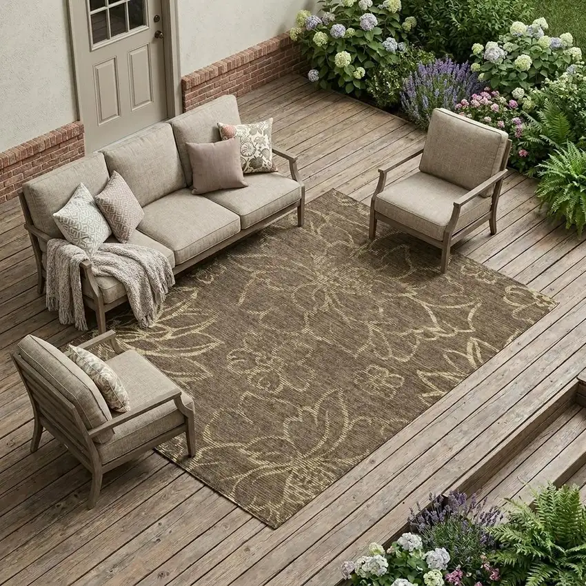 Chocolate And Brown Floral Washable Indoor Outdoor Area Rug Photo 1