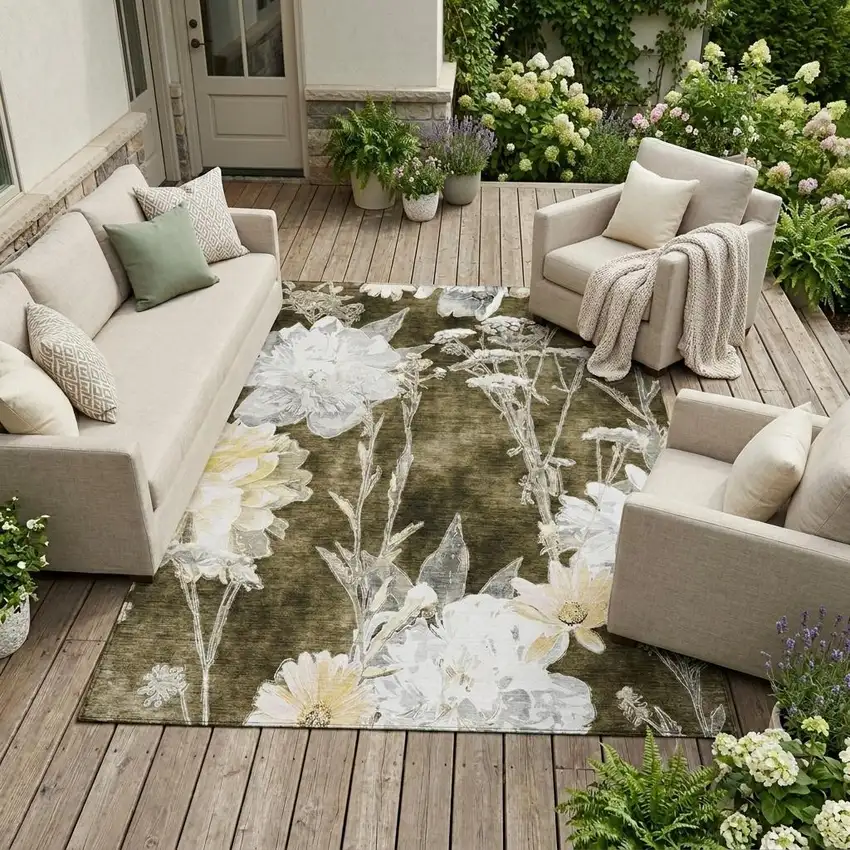 Chocolate And Brown Floral Washable Indoor Outdoor Area Rug Photo 1