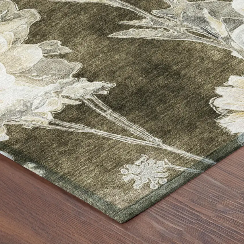 Chocolate And Brown Floral Washable Indoor Outdoor Area Rug Photo 3