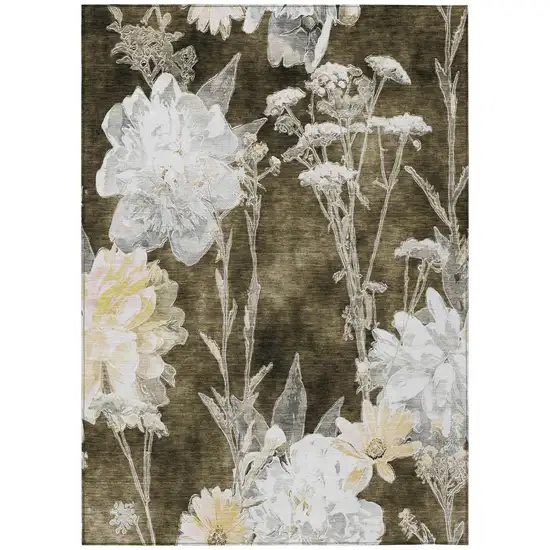 Chocolate And Brown Floral Washable Indoor Outdoor Area Rug Photo 2