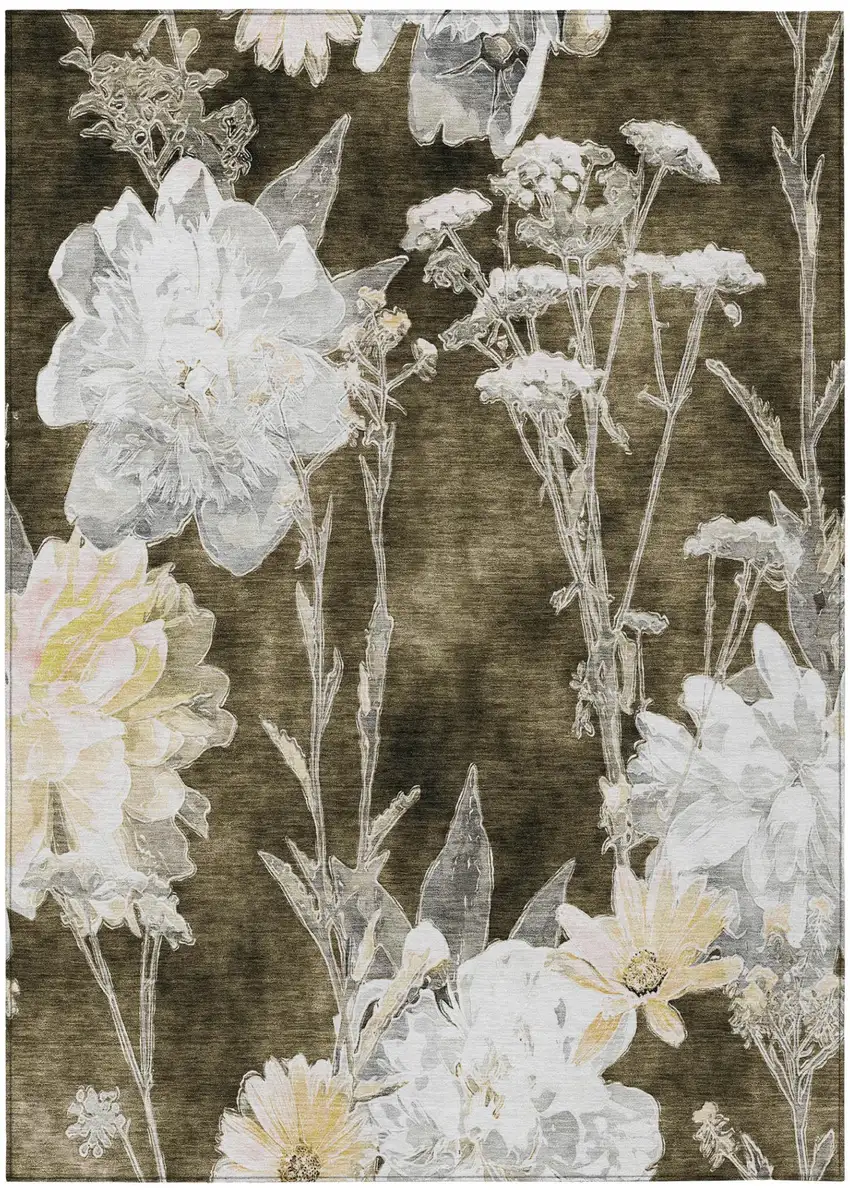 Chocolate And Brown Floral Washable Indoor Outdoor Area Rug Photo 2