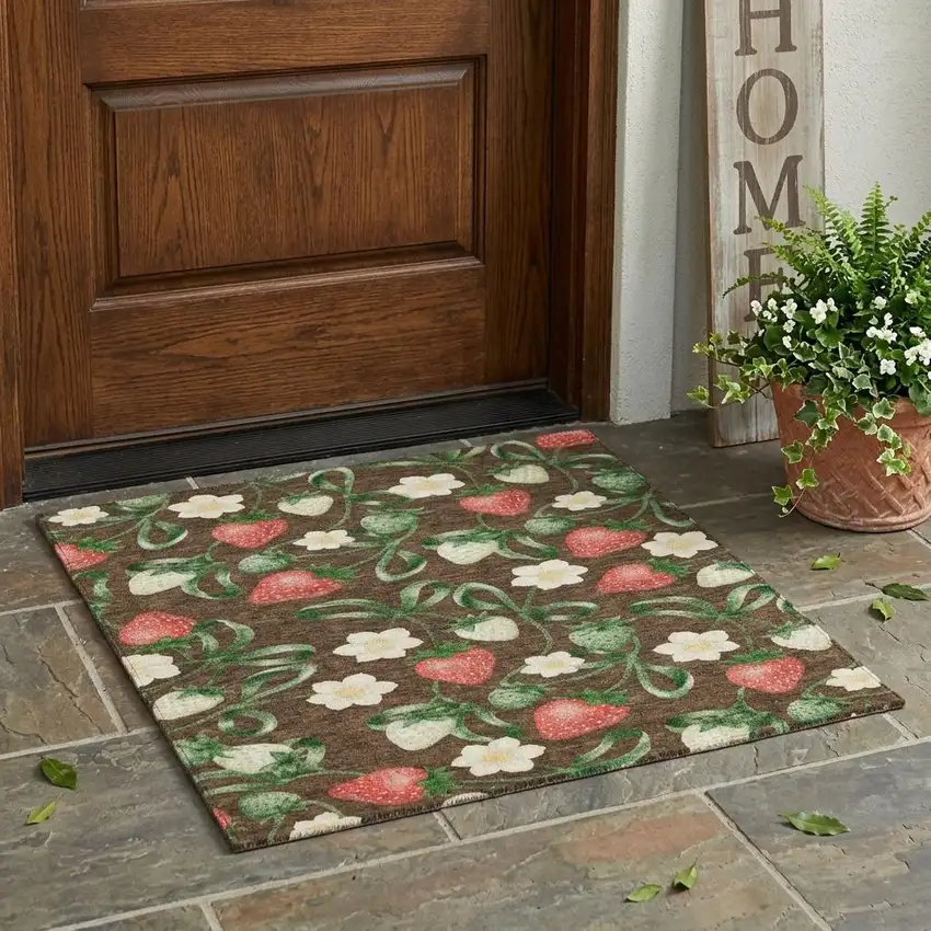 Chocolate And Brown Floral Washable Indoor Outdoor Area Rug Photo 1