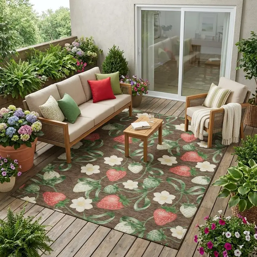 Chocolate And Brown Floral Washable Indoor Outdoor Area Rug Photo 1