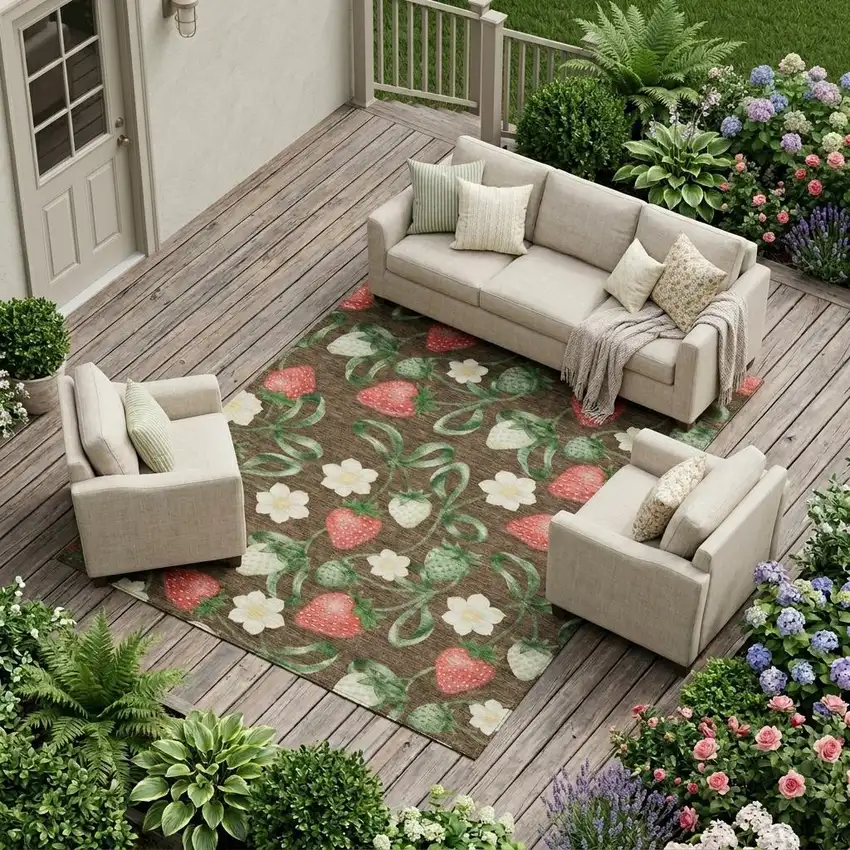 Chocolate And Brown Floral Washable Indoor Outdoor Area Rug Photo 1