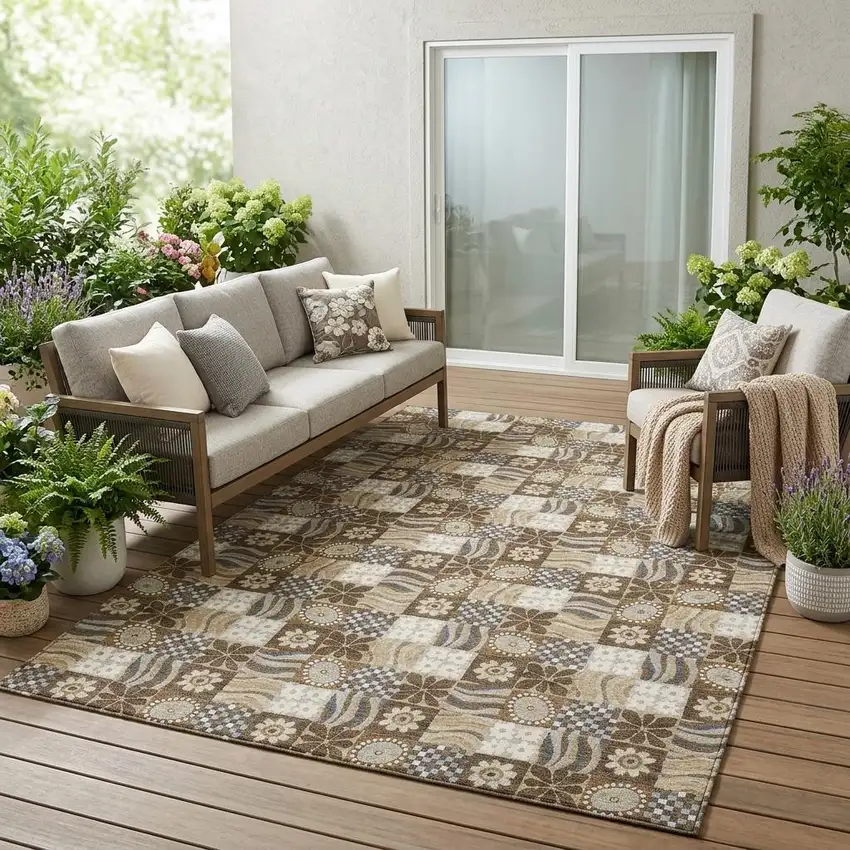 Chocolate And Brown Floral Washable Indoor Outdoor Area Rug Photo 1