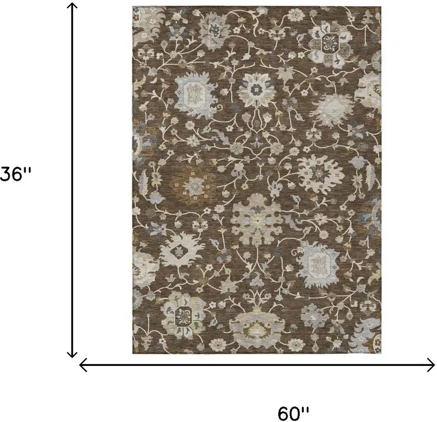 Chocolate And Brown Floral Washable Indoor Outdoor Area Rug Photo 6