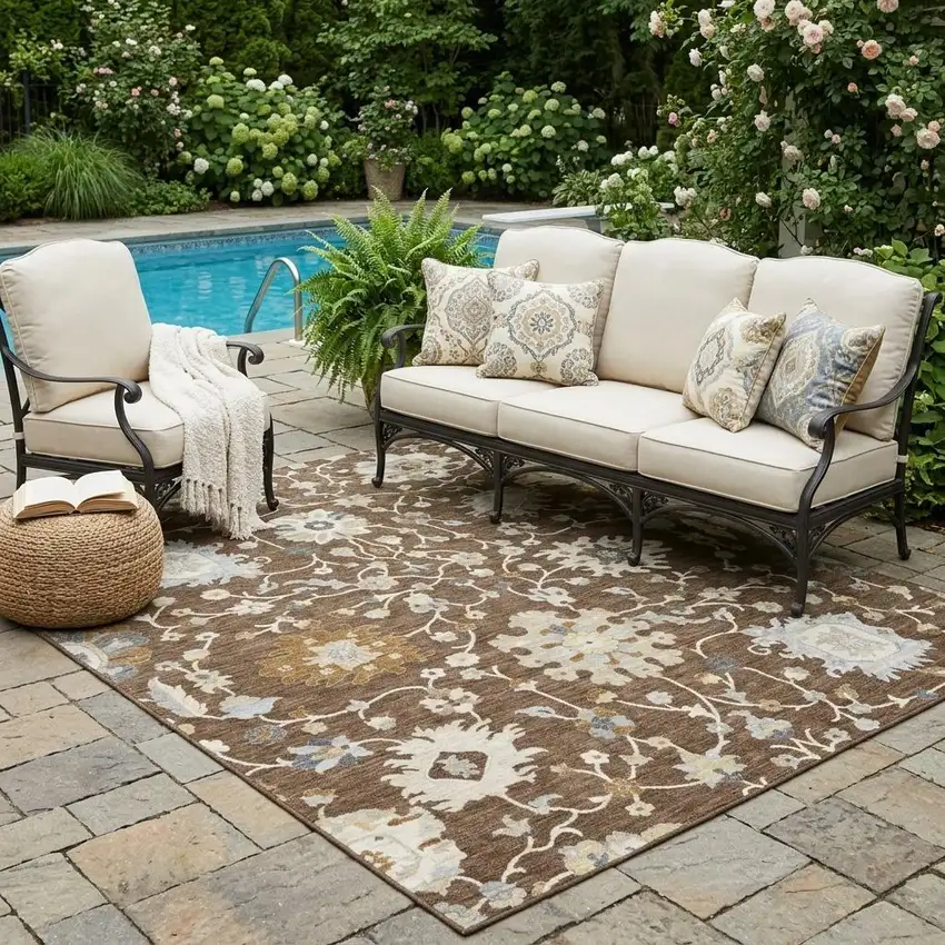 Chocolate And Brown Floral Washable Indoor Outdoor Area Rug Photo 1
