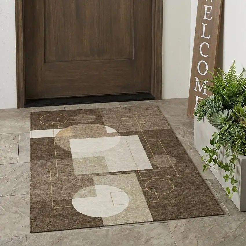 Chocolate And Brown Geometric Washable Indoor Outdoor Area Rug Photo 1