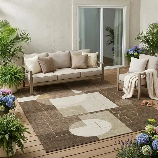 Chocolate And Brown Geometric Washable Indoor Outdoor Area Rug Photo 1