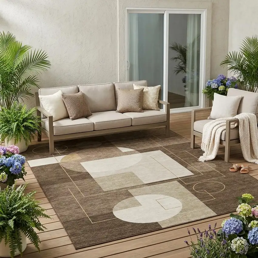 Chocolate And Brown Geometric Washable Indoor Outdoor Area Rug Photo 1