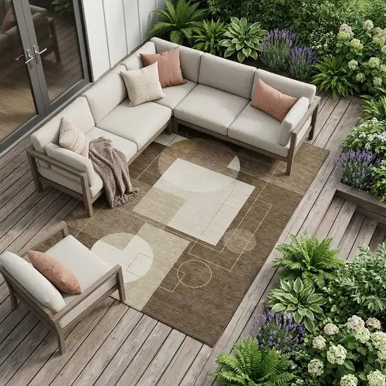 Chocolate And Brown Geometric Washable Indoor Outdoor Area Rug Photo 1