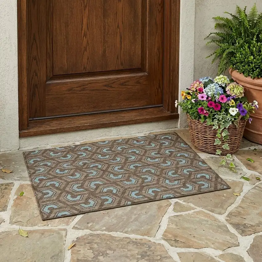 Chocolate And Brown Geometric Washable Indoor Outdoor Area Rug Photo 1