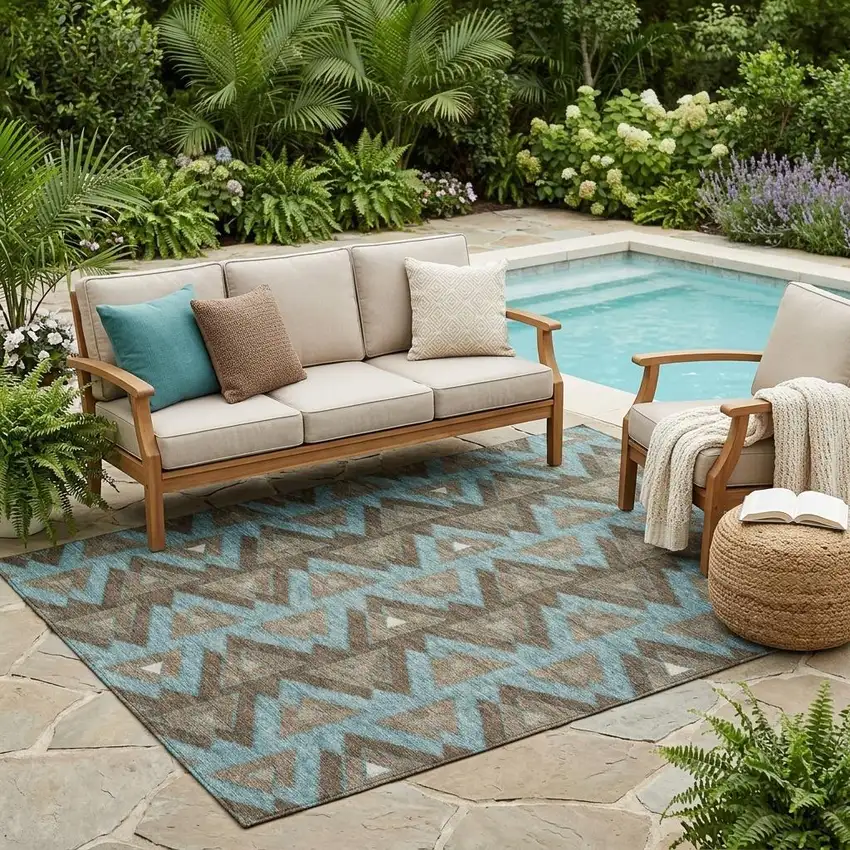 Chocolate And Brown Geometric Washable Indoor Outdoor Area Rug Photo 1