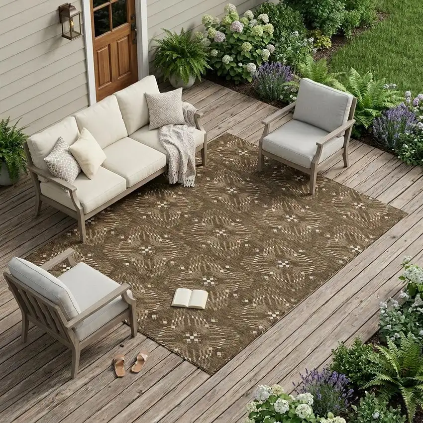 Chocolate And Brown Geometric Washable Indoor Outdoor Area Rug Photo 1