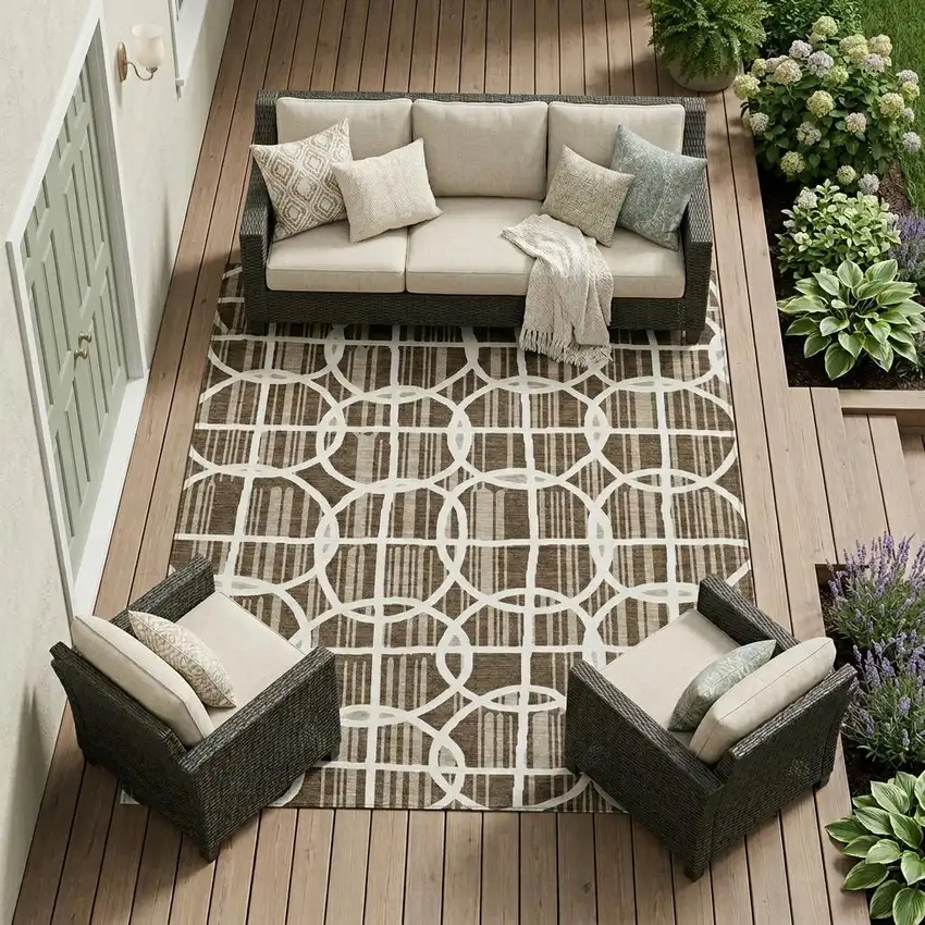 Chocolate And Brown Geometric Washable Indoor Outdoor Area Rug Photo 1