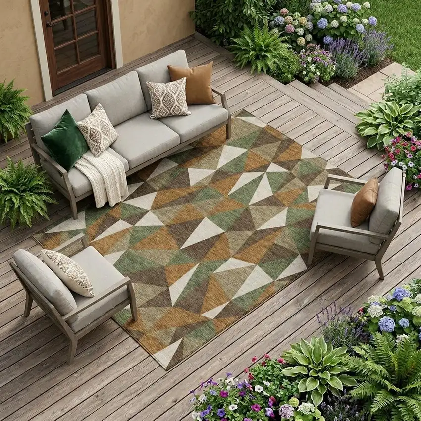 Chocolate And Brown Geometric Washable Indoor Outdoor Area Rug Photo 1