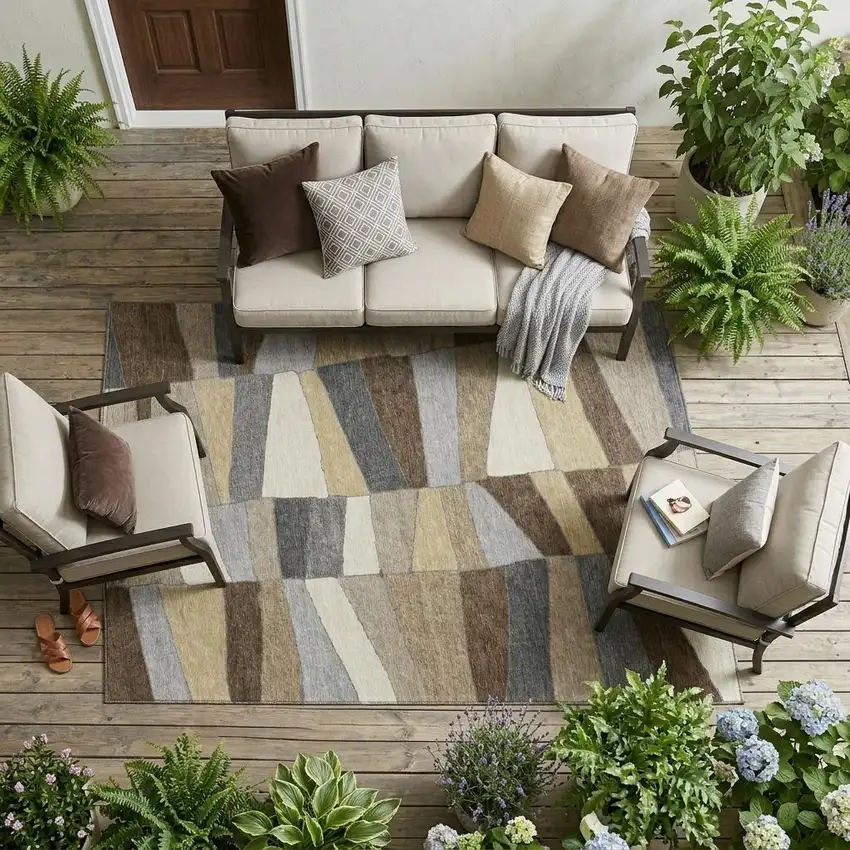 Chocolate And Brown Geometric Washable Indoor Outdoor Area Rug Photo 1