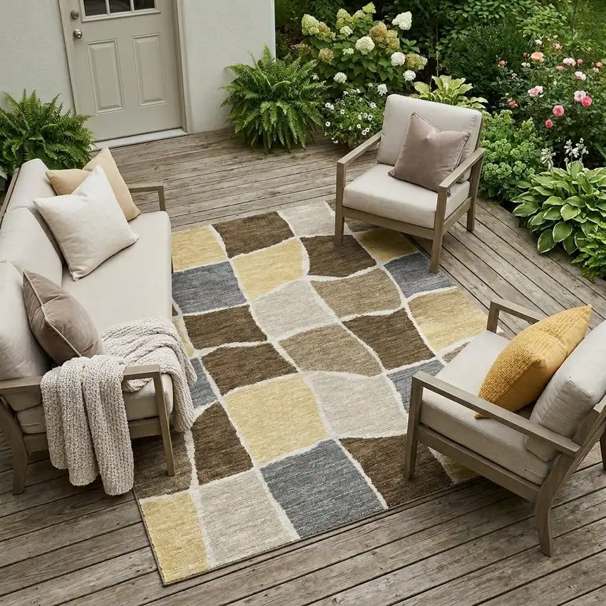 Chocolate And Brown Geometric Washable Indoor Outdoor Area Rug Photo 1