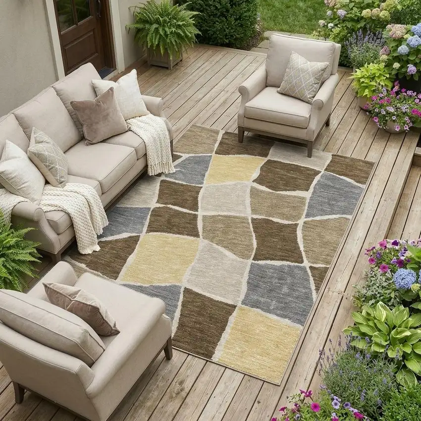 Chocolate And Brown Geometric Washable Indoor Outdoor Area Rug Photo 1
