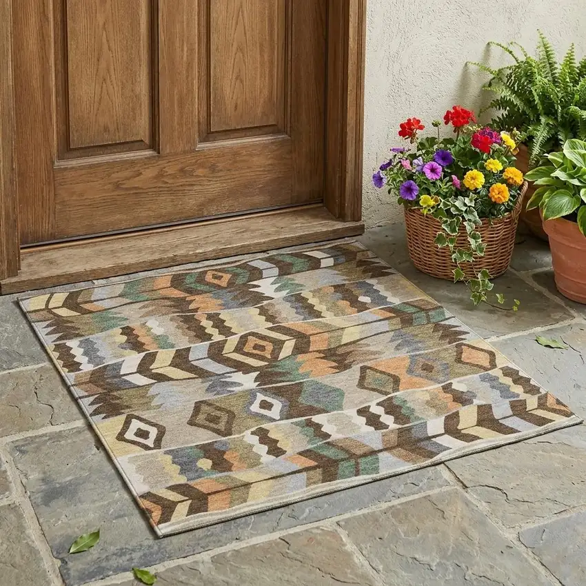 Chocolate And Brown Geometric Washable Indoor Outdoor Area Rug Photo 1