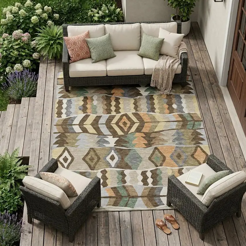 Chocolate And Brown Geometric Washable Indoor Outdoor Area Rug Photo 1