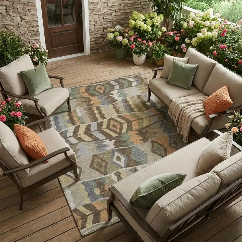 Chocolate And Brown Geometric Washable Indoor Outdoor Area Rug Photo 1