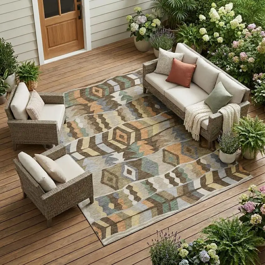 Chocolate And Brown Geometric Washable Indoor Outdoor Area Rug Photo 1