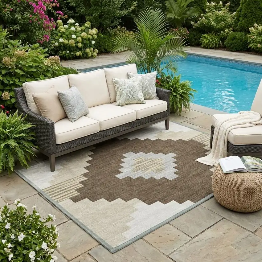 Chocolate And Brown Geometric Washable Indoor Outdoor Area Rug Photo 1