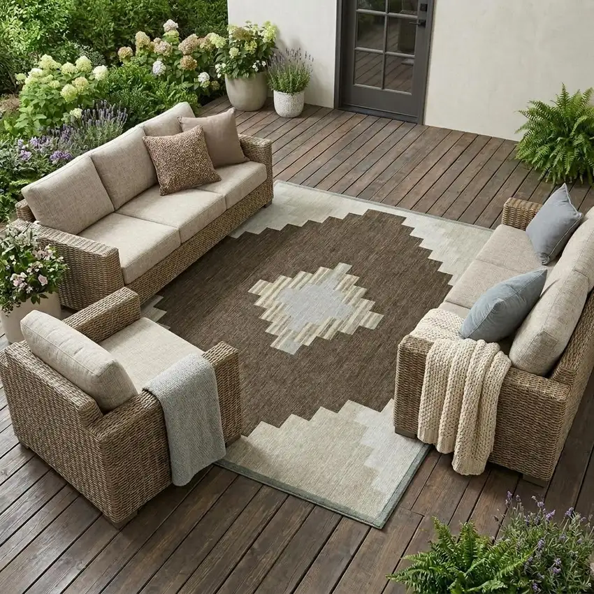 Chocolate And Brown Geometric Washable Indoor Outdoor Area Rug Photo 1