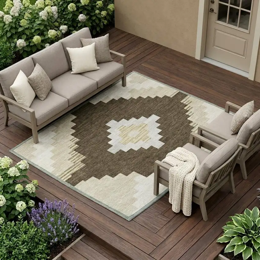 Chocolate And Brown Geometric Washable Indoor Outdoor Area Rug Photo 1