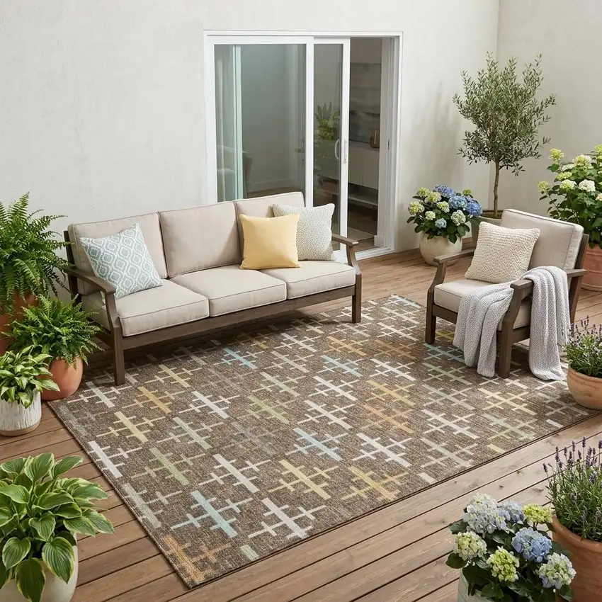 Chocolate And Brown Geometric Washable Indoor Outdoor Area Rug Photo 1