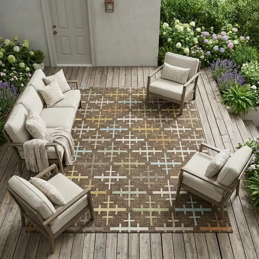 Chocolate And Brown Geometric Washable Indoor Outdoor Area Rug Photo 1