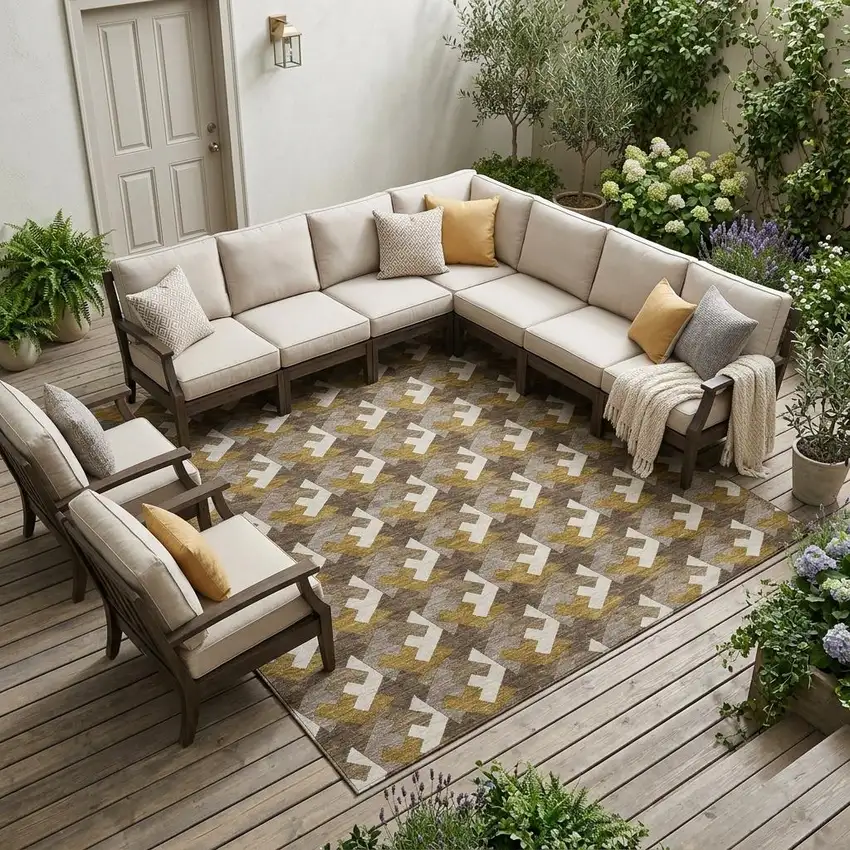 Chocolate And Brown Geometric Washable Indoor Outdoor Area Rug Photo 1