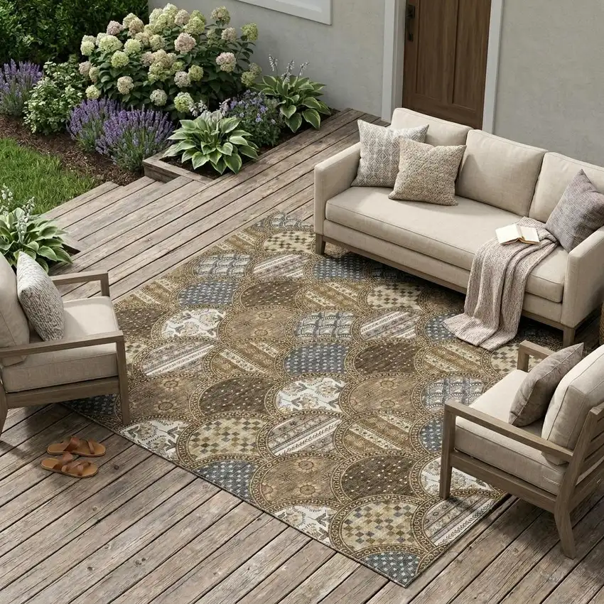 Chocolate And Brown Geometric Washable Indoor Outdoor Area Rug Photo 1