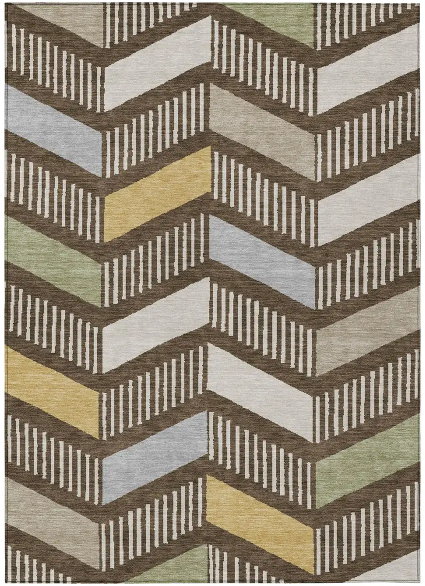 Chocolate And Brown Geometric Washable Indoor Outdoor Area Rug Photo 1