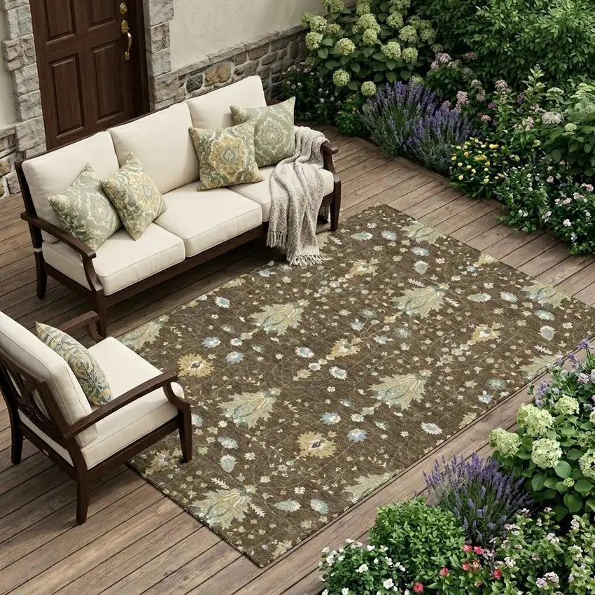 Chocolate And Brown Oriental Washable Indoor Outdoor Area Rug Photo 1