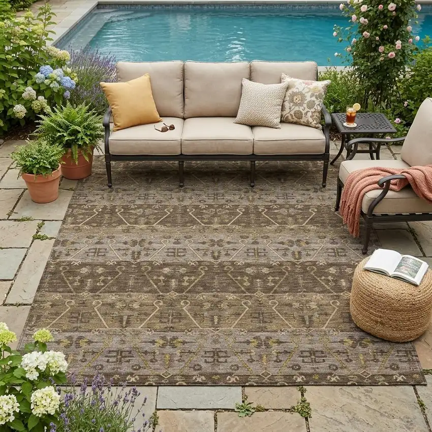 Chocolate And Brown Oriental Washable Indoor Outdoor Area Rug Photo 1
